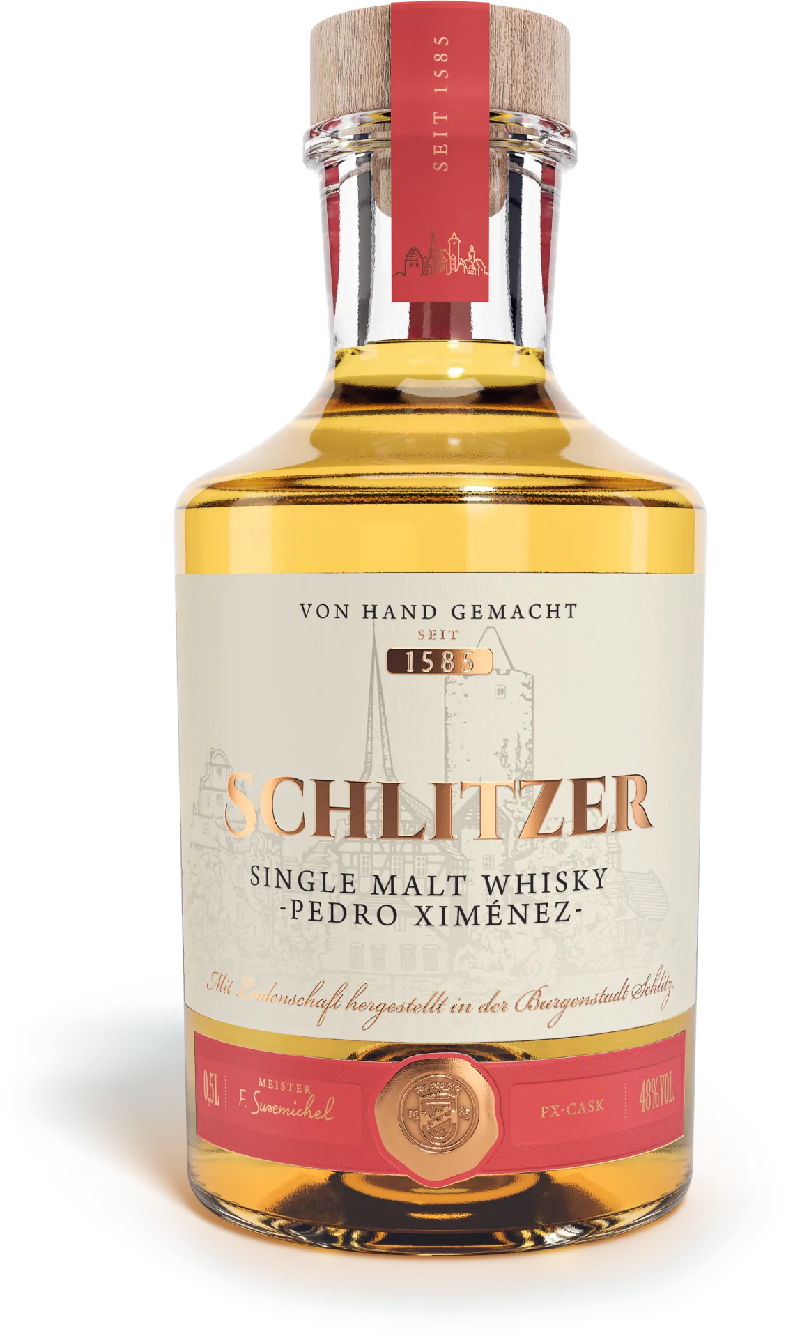 Single Malt Whisky Pedro Ximénez 48%vol. in einer 0,5 Liter Glasflasche mit Holzgriffkorken