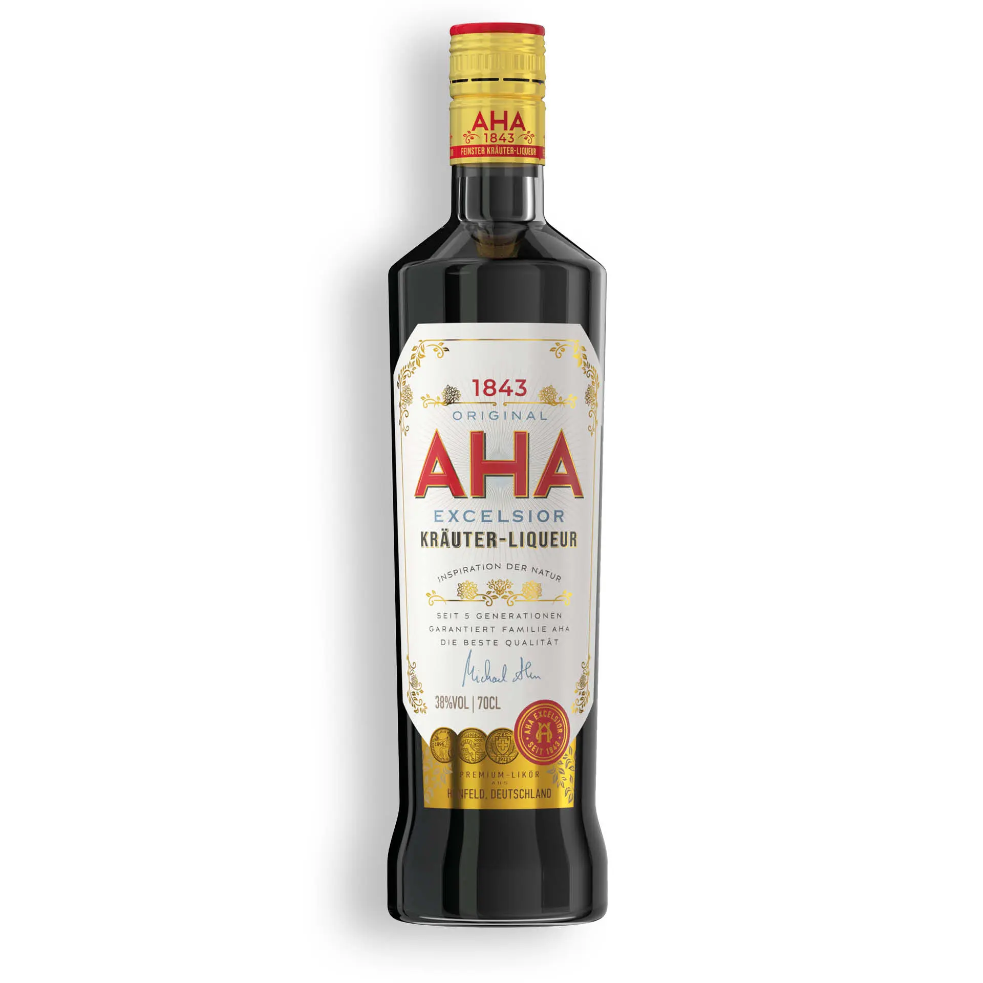 AHA Excelsior Kräuterlikör in der 0,7l Flasche, 38%vol., Hünfelder Nationalgetränk, Kräuter aus der heimischen Rhön