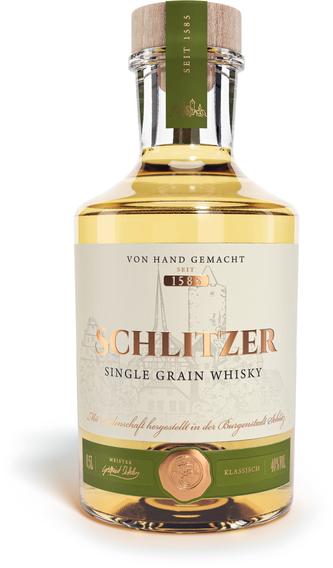 Single Grain Whisky klassisch 40%vol. in einer 0,5 Liter Glasflasche mit Holzgriffkorken