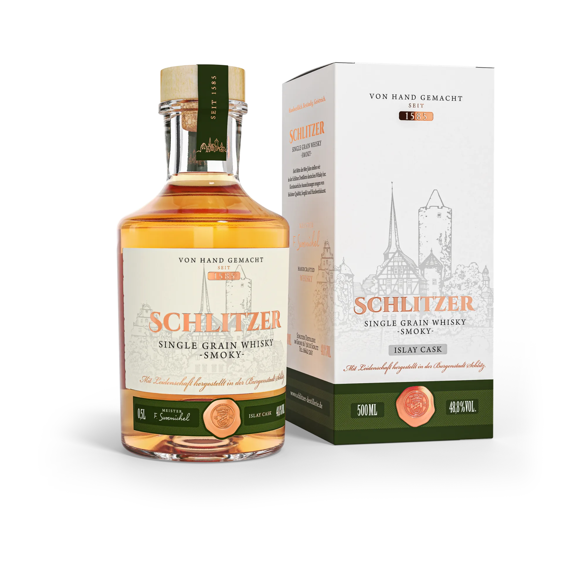 Single Grain Whisky smoky 48,8%vol. in einer 0,5 Liter Glasflasche mit Holzgriffkorken inkl. Geschenkverpackung, Karton