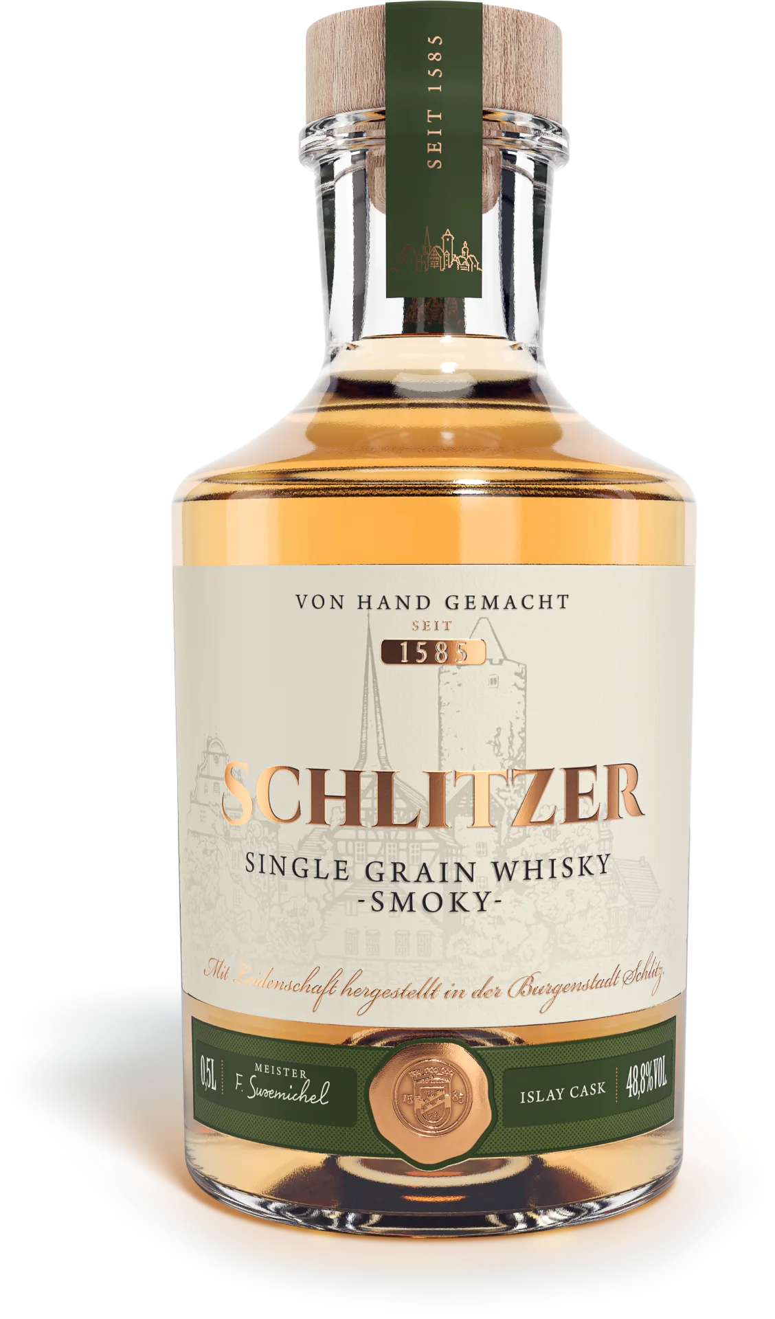 Single Grain Whisky smoky 48,8%vol. in einer 0,5 Liter Glasflasche mit Holzgriffkorken