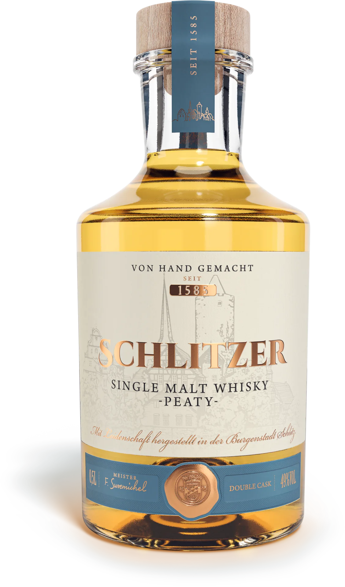 Single Malt Whisky peaty 49%vol. in einer 0,5 Liter Glasflasche mit Holzgriffkorken