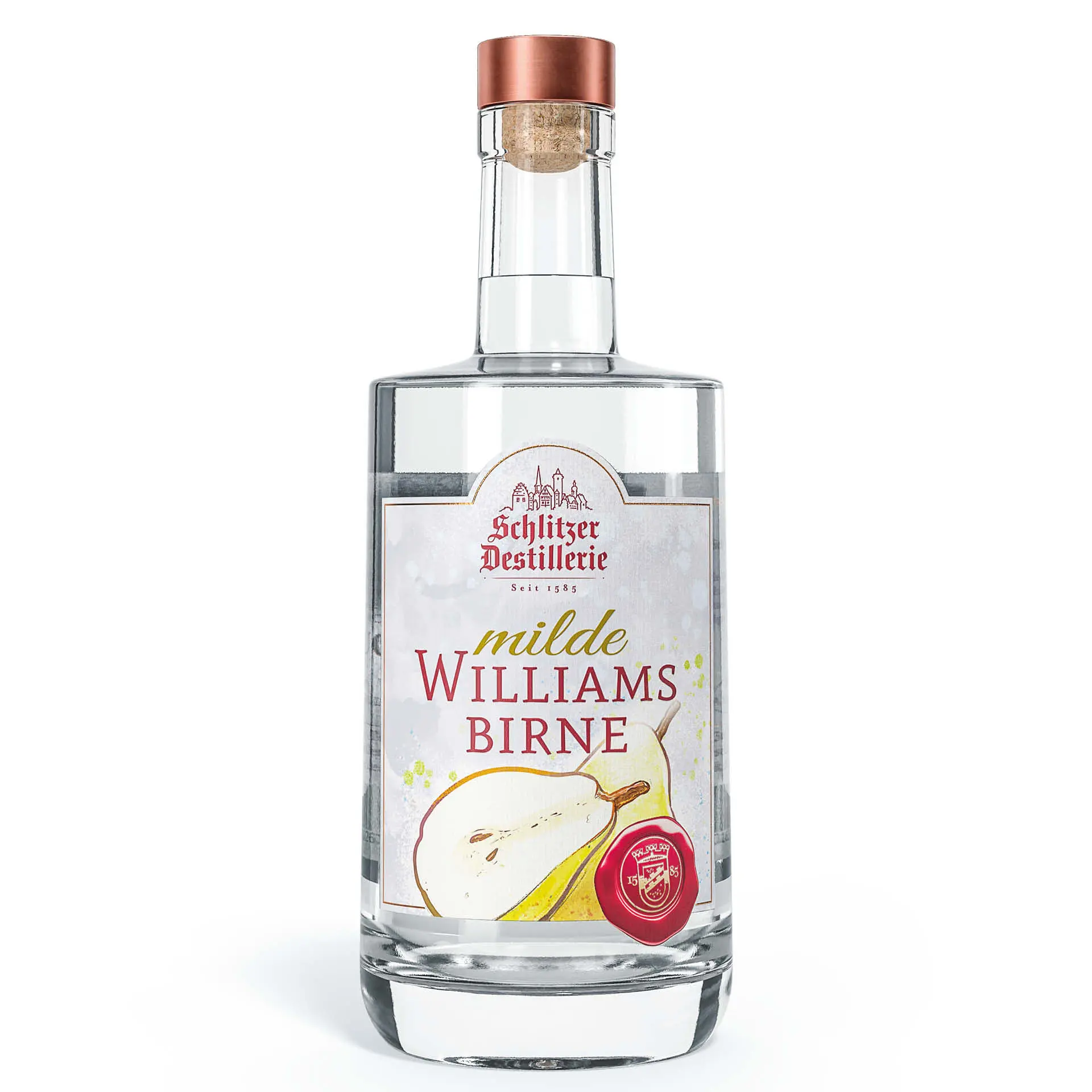 Milde Williams Birne Spirituose 35%vol. 0,5 Liter in der runden Klarglas Flasche mit Holzgriffkorken 