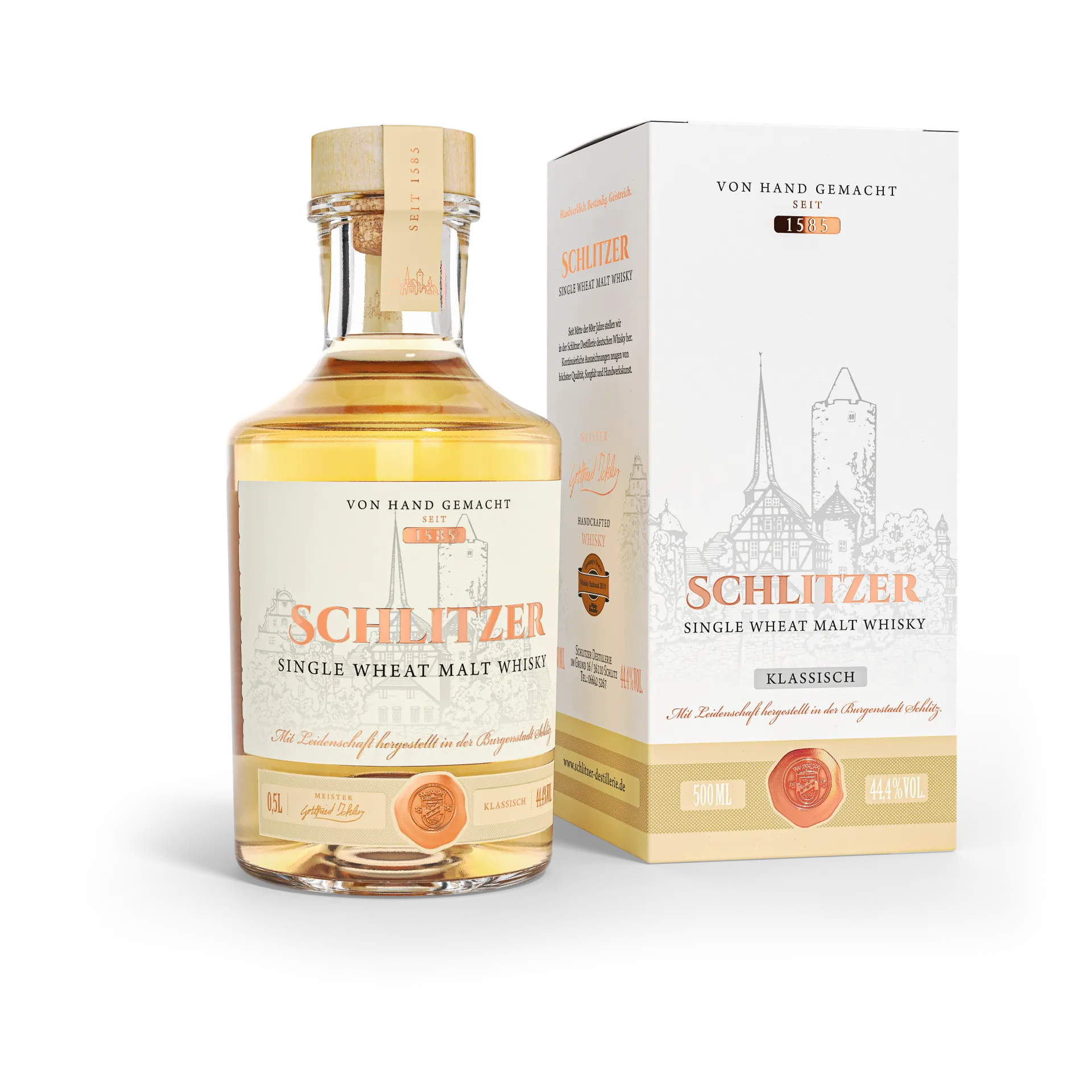 Single Wheat Malt Whisky klassisch 44,4%vol. in einer 0,5 Liter Glasflasche mit Holzgriffkorken inkl. Geschenkverpackung, Karton