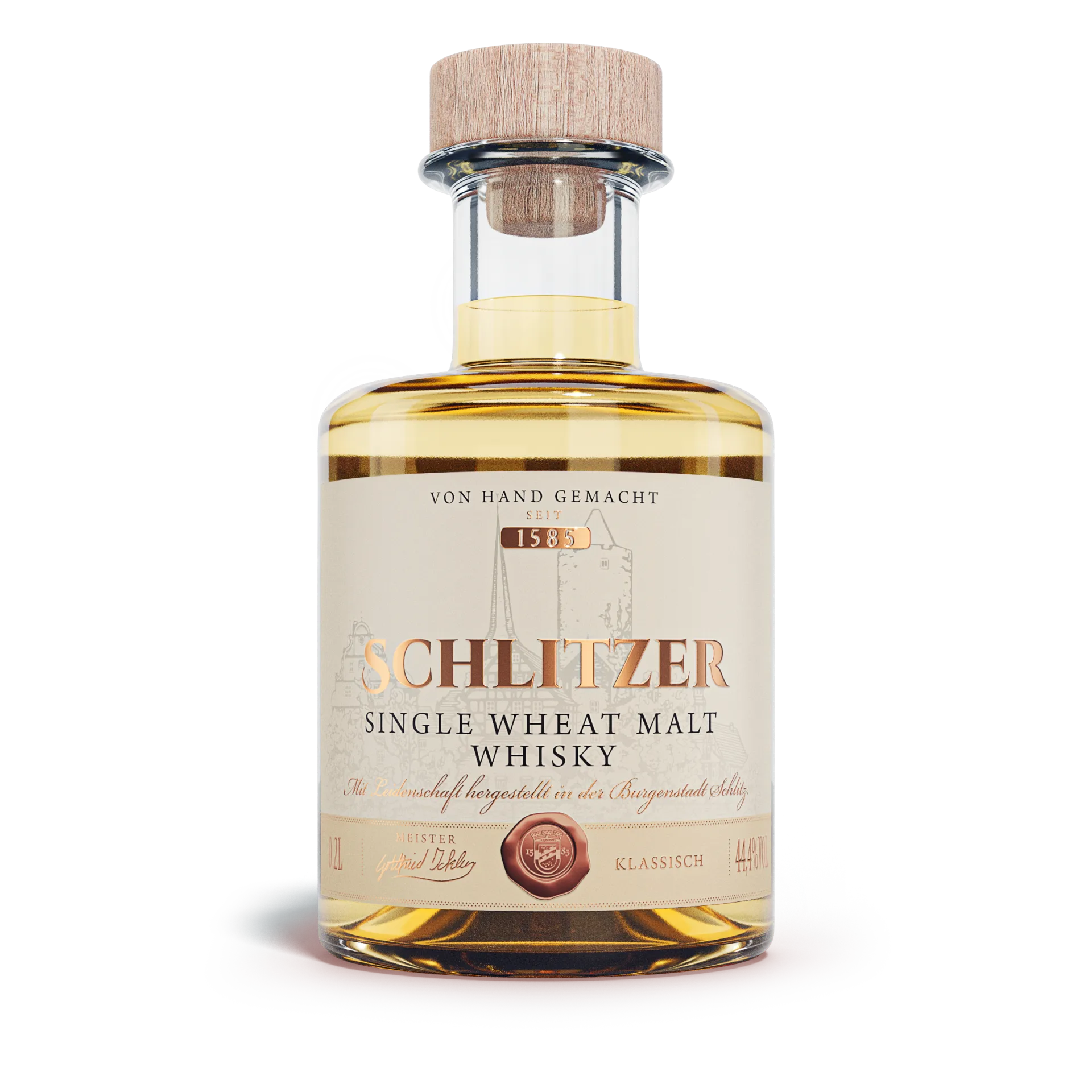 Single Wheat Malt Whisky klassisch 44,4%vol. in einer 0,2 Liter Glasflasche mit Holzgriffkorken