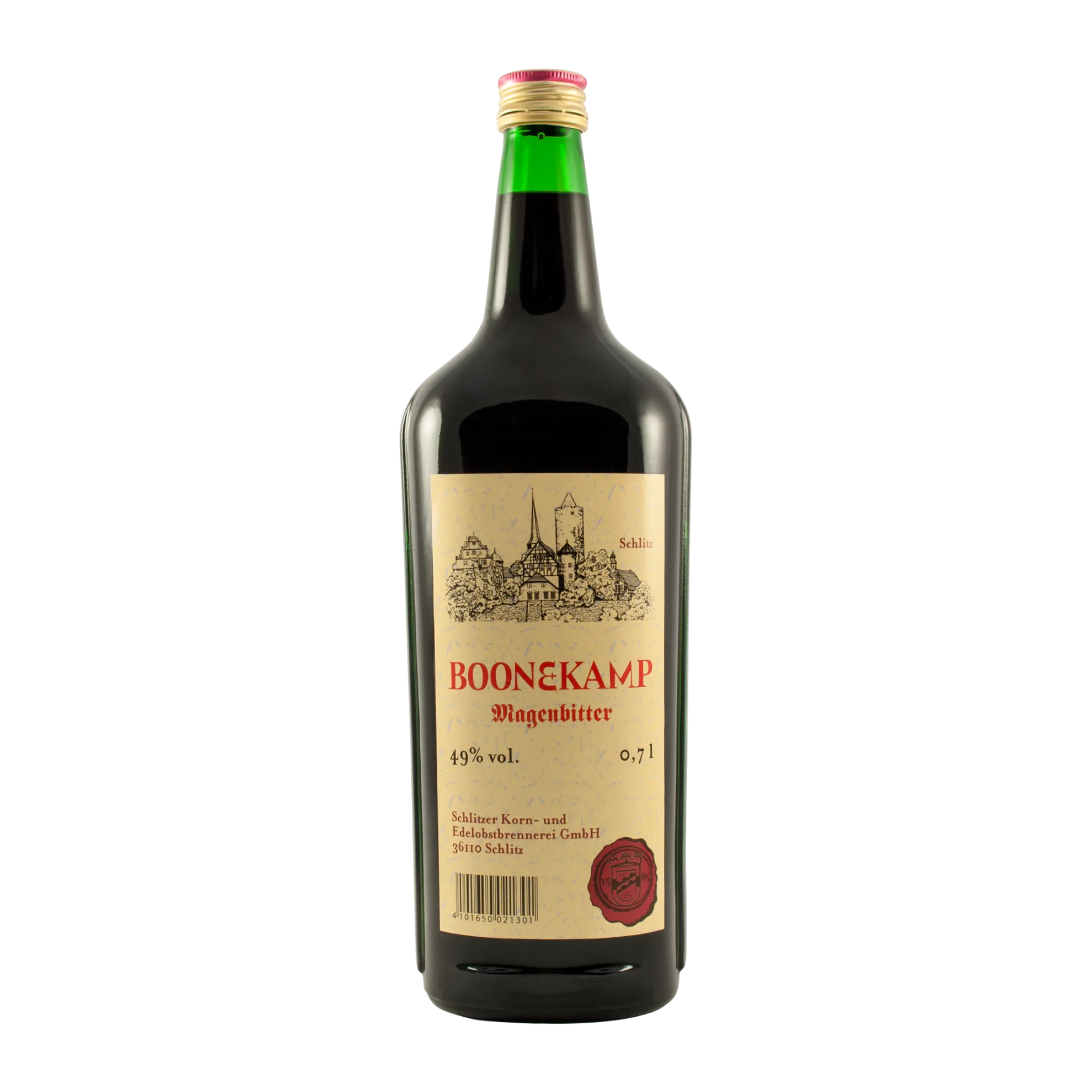 Boonekamp, Magenbitter, kräftiger Kräuterlikör 49%vol. 0,7 Liter in einer grünglas Flasche mit Schraubverschluss
